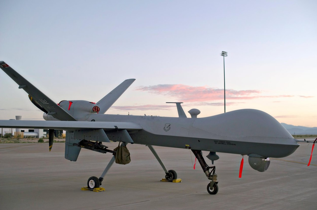 An MQ-9 Reaper parked on the flight line of Holloman Air Force Base August 19, 2014 in Alamogordo, New Mexico.